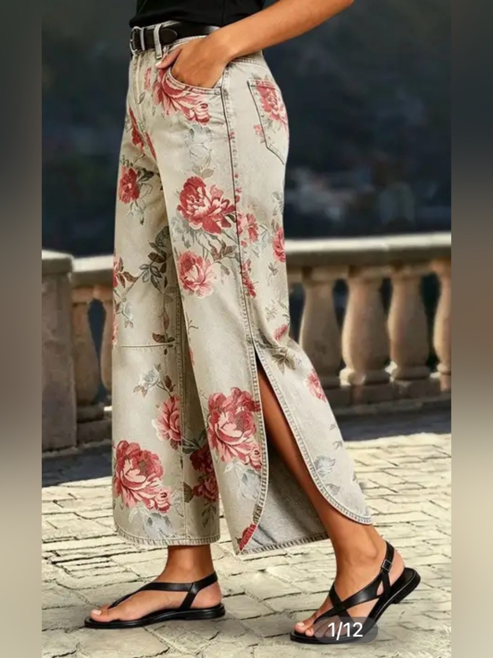 Flamingals Floral Pattern Split Mid Waist Wide Leg Crop Jeans